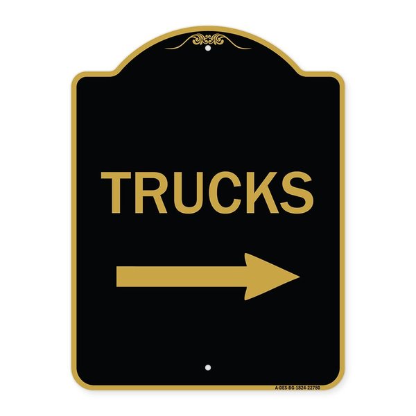 Signmission Trucks Sign Trucks W/ Right Arrow, Black & Gold Aluminum Sign, 18" x 24", BG-1824-22780 A-DES-BG-1824-22780